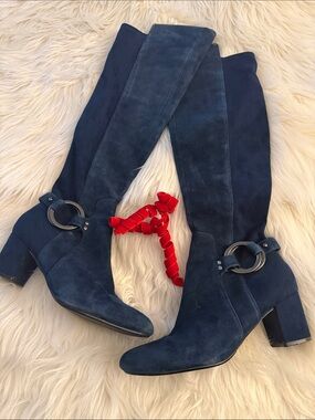 Karl Lagerfeld Navy Suede Over-the-Knee Boots with Ring Detail